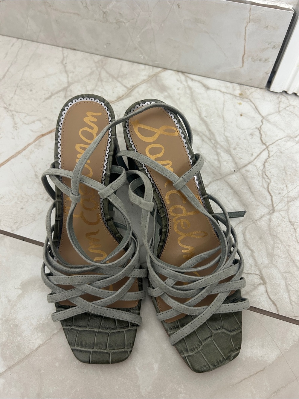 Sam Edelman Sage Green Strappy Croc-Embossed Heels US 7.5